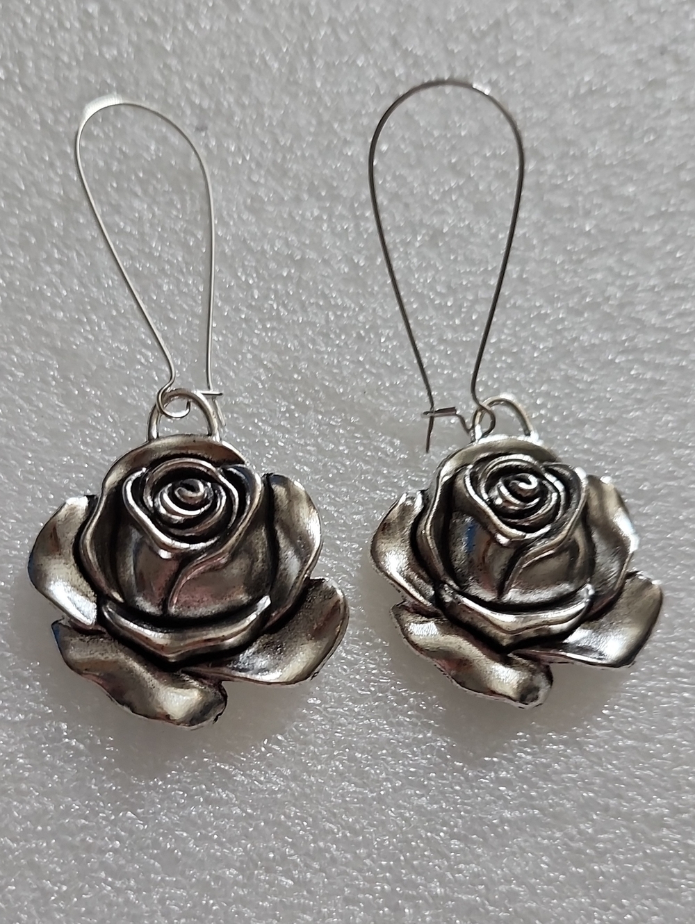 Hand Crafted Silver Rose Drop Earrings - Silver